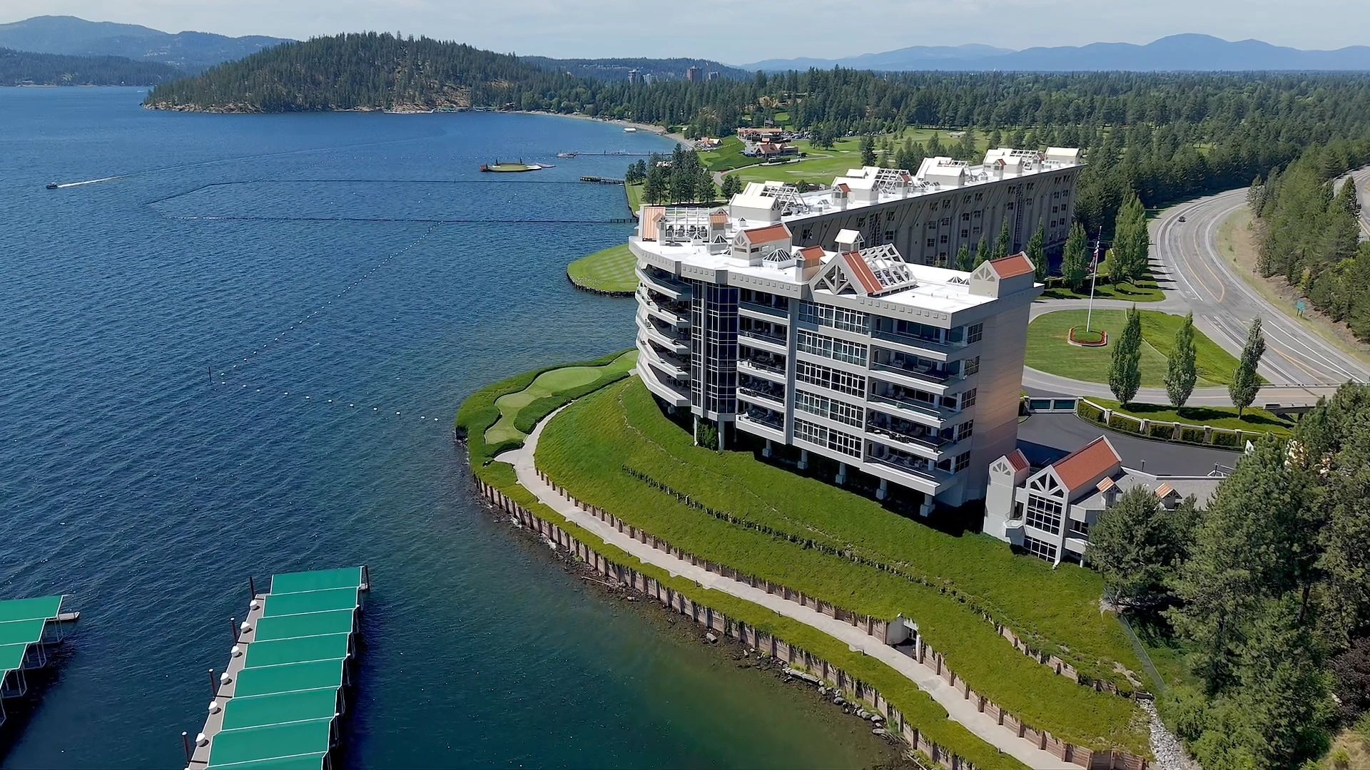 Aerial view of waterfront resort on alpine lake