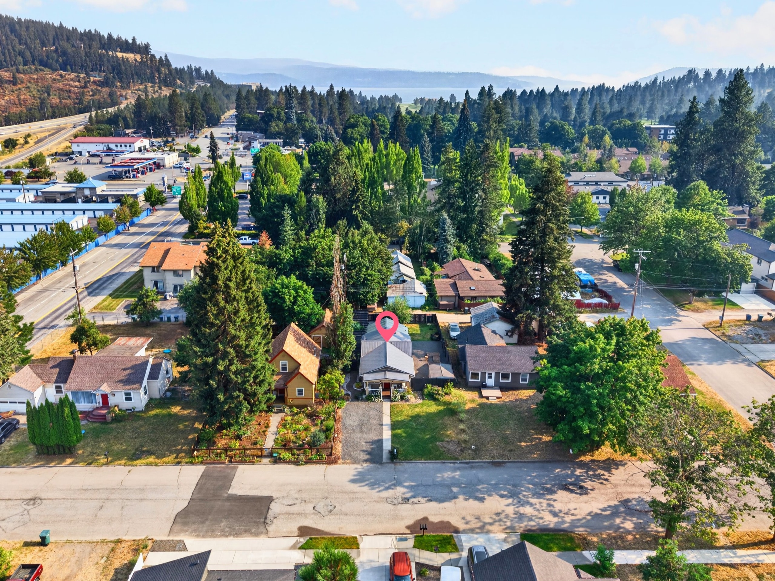Aerial view of backyard with curved lawn and garden beds